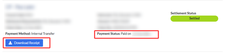 A settled Coursepack with red boxes highlighting the updated 'Paid on' status and the 'Download Receipt' button.